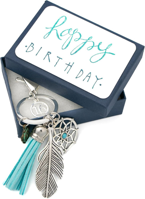 Sweet 16 Keychain for Her Dream Catcher 16th Birthday Gift for sweet 16 Birthday Key Chain, Packaged in Hand Stamped Box...