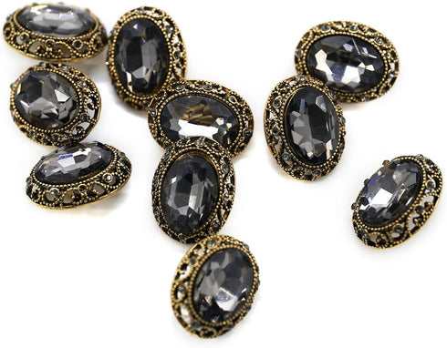 10 pcs Whole Oval Cut Gray Rhinestone Vintage Copper Hollow Metal Shank Sewing Coat Buttons -25mm -1"...