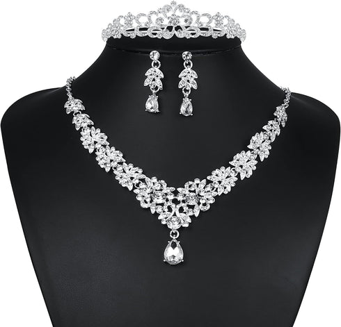Kakonia Wedding Jewelry For Bride Bridesmaids Rhinestone Necklace Earrings Sets For Women Bridal Wedding Tiara Crown Silver Crystal Costume Prom J...