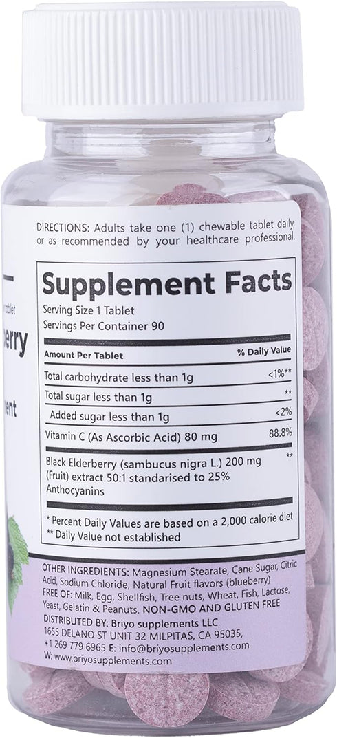 Elderberry with Vitamin C - 90 chewable Tablets - Highly Concentrated (50x) Black Elderberry Extract...