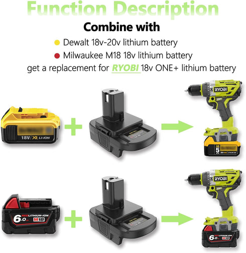 for Dewalt & for Milwaukee to Ryobi Battery Adapter, Fit for Dewalt 18v-20v & for Milwaukee 18v M18 Lithium Batteries, DM18RL converter use for Ry...