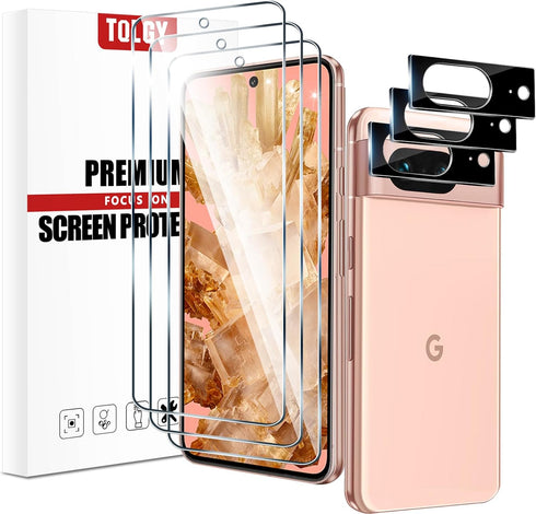TQLGY 3 Pack Screen Protector for Google Pixel 8 with 3 Pack Camera Lens Protector, 9H Tempered Glass Film, Fingerprint Unlock Compatible, Ultra H...