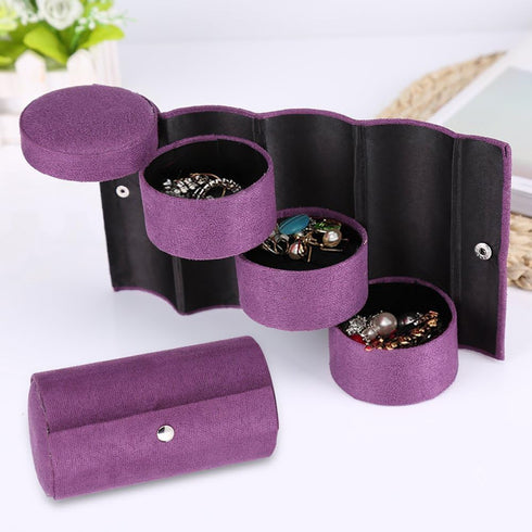 Fdit Retro Cylinder Shaped Jewelry Box Velvet Three-Layer Roll-up Snap Jewelry Storage Organizer Earrings Holder for Girls Women (Purple)...