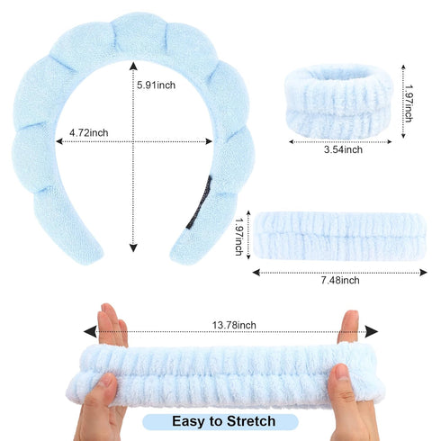 6Pcs Blue Spa Headbands and Wrist Washbands Set, Skincare Headbands Sponge Face Wash Headband Makeup Headband, Terry Cloth Headbands Face Towel Wr...