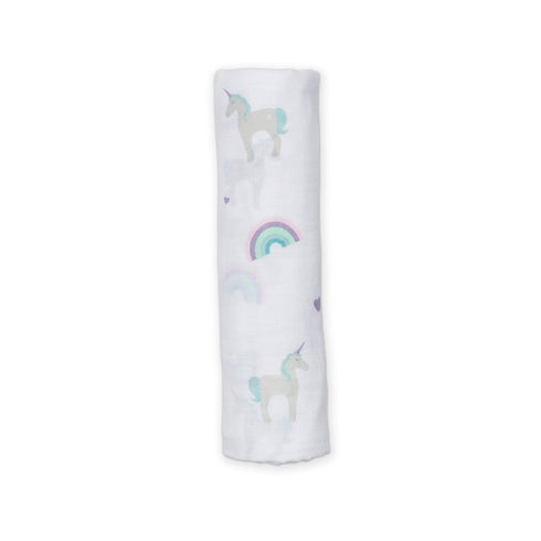Lulujo Baby 100% Cotton Muslin Swaddle Blanket, 47 x 47-Inches, Rainbows and Unicorns...
