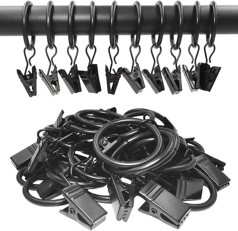 44 Pack Metal Curtain Rings with Clips, Drapery Clips with Rings, Drapes Rings 1 in I D, Fits Diameter 6/8 in Curtain Rod, Black...