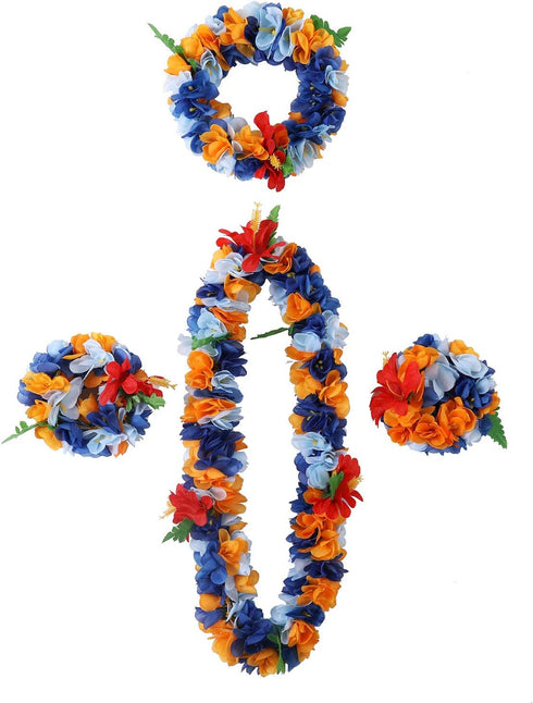 Hawaiian Luau Flower Leis Jumbo Necklace Bracelets Headband Set Mahalo Floral Leis (Blue and Orange)...