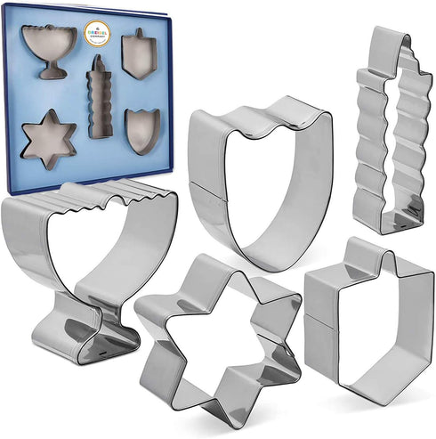 The Dreidel Company Stainless Steel Hanukkah Cookie Cutters, 5 Hanukkah Menorah, Dreidel, Star, Maccabee Shield Shaped Cookie Cutters...