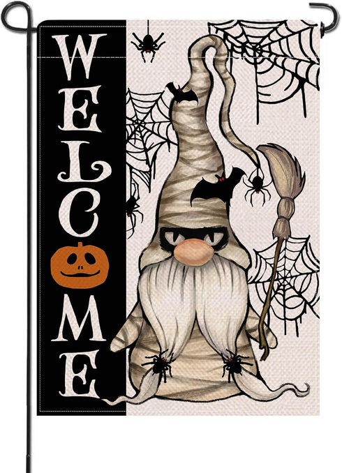 Welcome Halloween Mummy Gnome Small Decorative Garden Flag, Scary Spider Web Bat Yard Lawn Outside Decor, Jack O Lantern Pumpkin Burlap Outdoor Ho...