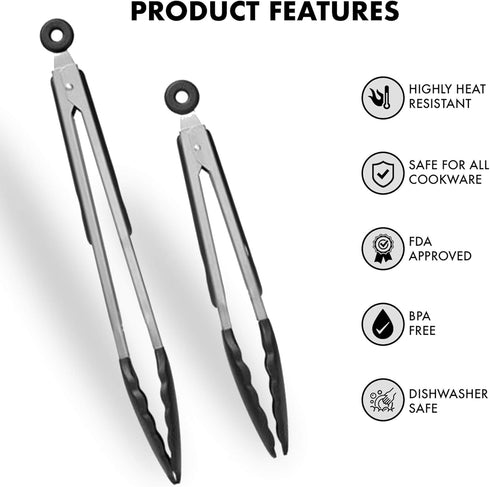 Silicone Cooking Tongs Set - Tongs for Nonstick Cookware - Stainless Steel Tongs with Silicone Tips - 9-Inch 12-Inch Tongs for Cooking - 2-Piece S...