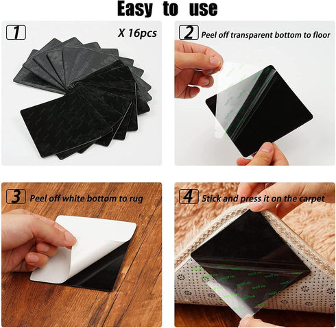 8 PCS Grippers of Rug Pad, Non-Slip Carpet Pad for Hardwood Floors and Tile, Reusable and Washable Area Carpet Tape, Double-Sided Adhesive Pads, K...