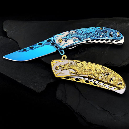Pocket Knife for Men, Cool Folding Knife With 3D Blue Dragon Embossed Relief, Great Christmas Gift Edc Knife For Men Outdoor Survival Camping...