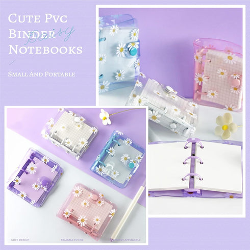 4 Sets Mini Transparent 3 Ring Binder Covers with Daisy Pattern Binder Inner Paper and Pockets Clear Soft PVC Notebook Loose Leaf Binder with Snap...