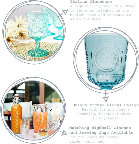 Bormioli Rocco Romantic Set Of 4 Stemware Glasses, 10.75 Oz. Colored Crystal Glass, Light Blue, Made In Italy....