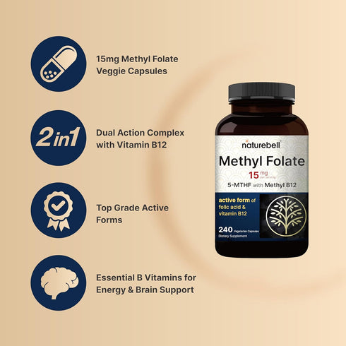 NatureBell L Methylfolate 15mg, 240 Veggie Capsules | 5-MTHF with Methyl B12 1,000mcg | High Potency Dual Action for Energy & Cognitive Support, A...
