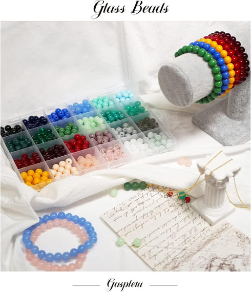 600pcs Glass Beads for Jewelry Making, 24 Color 8mm DIY Crystal Beads Bracelet Making Kit Chakra Beads, Round Stone Beads Never Fade Suitable for ...