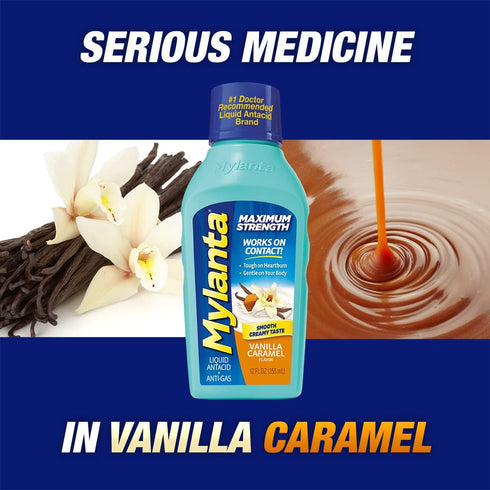 Mylanta Antacid and Gas Relief, Maximum Strength Formula, Vanilla Caramel Flavor, 12 Fluid Ounce...