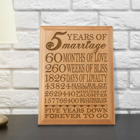 KATE POSH - 5th Anniversary Engraved Natural Wood Plaque, 5th Wedding for Her, for Him, for Couple, 5 Years of Marriage, 5 Years Together as Husba...