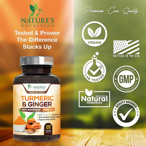 Turmeric Curcumin with BioPerine & Ginger 95% Curcuminoids 1950mg - Black Pepper Extract for Max Absorption, Nature's Joint Support Supplement, He...