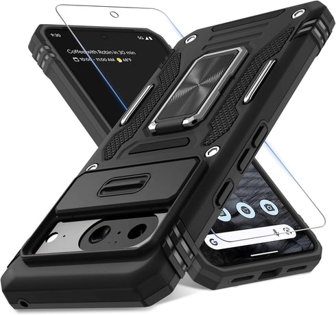DEERLAMN for Google Pixel 8 Case with Slide Camera Cover+Screen Protector (1 Pack), Rotated Ring Kickstand Military Grade Shockproof Heavy Duty Pr...