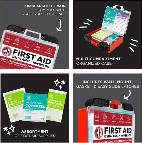 Be Smart Get Prepared OSHA/ANSI First Aid Kit - 10 Person, 100 Pieces - Designed for Home, Business, School, Industrial, and Restaurants - Compact...