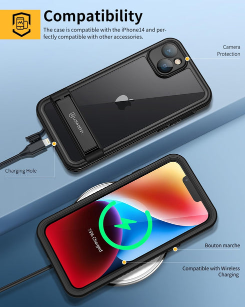 Lanhiem for iPhone 14 Case with Kickstand, IP68 Waterproof Dustproof Built-in Screen Protector, Full Body Shockproof Protective Front and Back Cov...