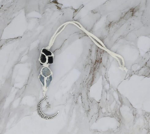 BOHO GARDEN Hanging Car Charm - 2-Pack Rose Quartz & Amethyst + Black Tourmaline & Blue Calcite - Dangling Moon & Healing Crystal Accessories, Rea...