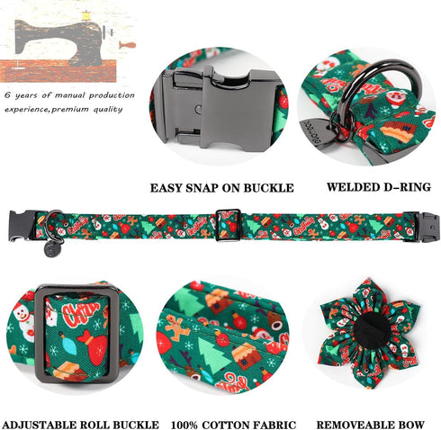 DOGWONG Christmas Holiday Dog Collar with Flower, Cute Cotton Dog Collar Green Santa Dog Collar Durable Soft Pet Dog Collar for Small Medium Large...