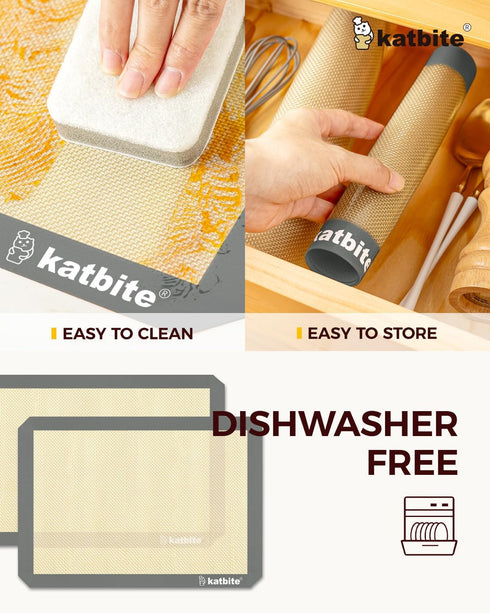 Silicone Baking Mat, Katbite Large Baking Mat Set of 3-2 Half Sheets Mats (11 5/8" x 16 1/2") + 1 Quarter Baking Sheets, Reusable & Nonstick Bakew...