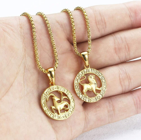 Gold Plated Zodiac Sign Pendant necklace for Women Men Leo AriesConstellation Horoscope Pendant Stainless Steel Box link Chain 22inch...