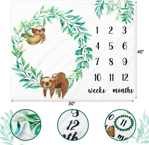 Baby Sloth Monthly Milestone Blanket Gender Neutral Greenery Watercolor Jungle Design Perfect Baby Blanket for Boys and Girls Newborn Baby Gift Id...