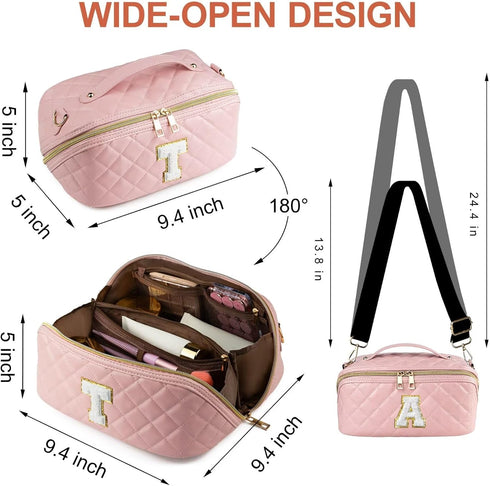 Initial Makeup Bag, Quilted Letter Cosmetic Bag Cute Make Up Bag with Handle Portable Travel Toiletries Bag Pink, Personalized Birthday Gift for W...