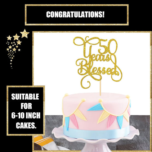 Gold Glitter 50 Years Blessed Cake Topper - for 50th Wedding Anniversary / 50th Anniversary Party / 50th Birthday Party Decorations...