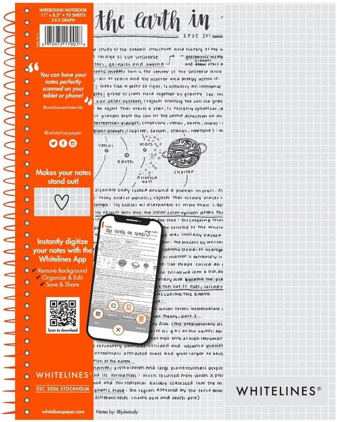 ROARING SPRING Whitelines Spiral Graph Ruled Notebook, Digitally Download Your Notes with FREE App, Premium Gray Paper, 11" x 8.5" 70 Sheets...