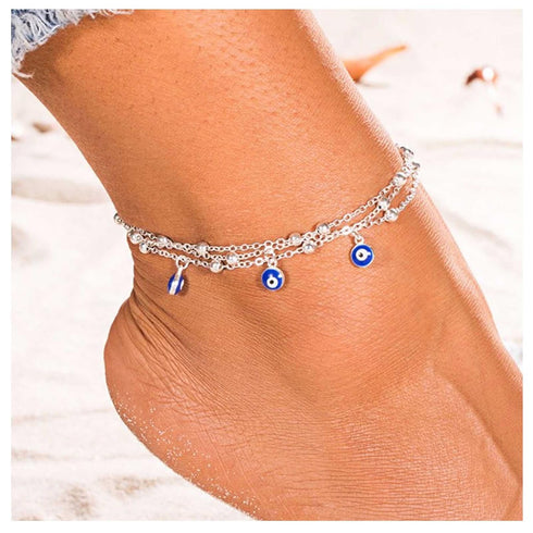 Boho Evil Eye Anklet Bracelet Layered Silver Chain Anklet Turkish Eyes Anklet Bracelets Beach Blue Eye Pendant Foot Chain Jewelry for Women and Gi...
