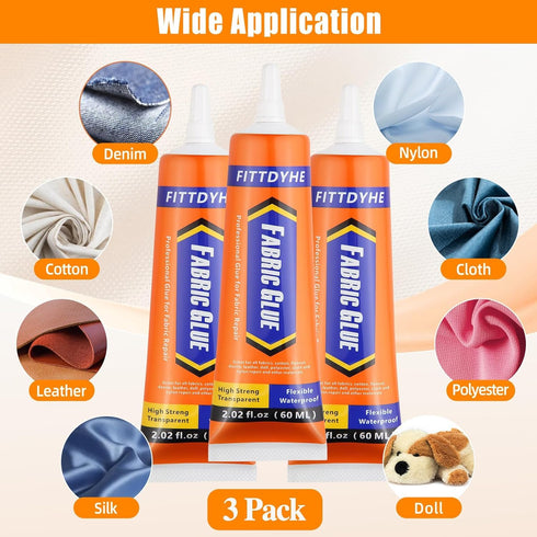 3Pcs Fabric Glue Permanent, 60 ML Washable Clear Clothing Glue, Super Fabric Glue for Rhinestones, Patches, Clothes, Denim, Leather, Polyester, Fa...