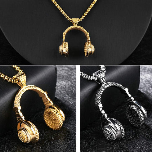 SAWADA Hip Hop Punk Style Stainless Steel Headphone Pendant Necklace DJ Music Chain Necklace Gold...