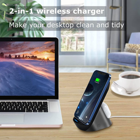 Wireless Charger, 2 in 1 15W Dual Fast Wireless Charging Stand Station for AirPods 2/Pro, iPhone 15/15 Plus/15 Pro Max/14/13/12 Pro Max/11/SE/XS/X...
