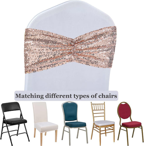 SquarePie Pack of 10 Sequin Chair Sashes Bands Shining Rose Gold Bows for Wedding Banquet Party Decor...