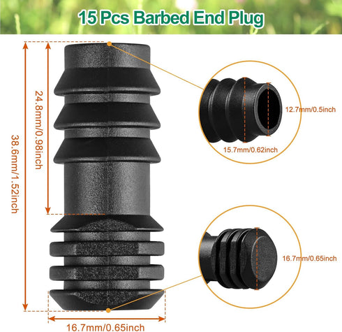 1/2 inch Drip Irrigation Fittings, 15 Pcs Barbed End Plug Connectors for 1/2" Irrigation Tubing (0.52"ID -0.64" OD), Goof Plug End Caps Plastic Pl...