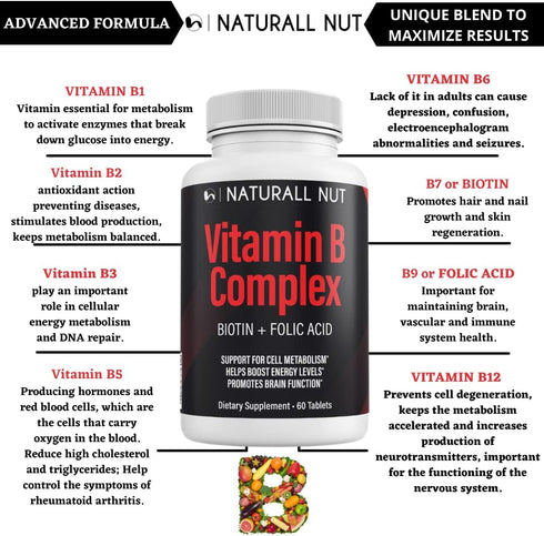 High Potency Vitamin B Complex Vitamin Supplement - B1 B2 B3 B5 B6, Biotin B7, Folic Acid Folate B9 & B12 Vitamins - Complejo b para Mujer - 60 Ta...