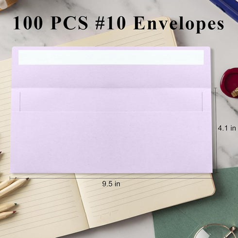100 Pack Light Purple #10 Business Envelopes, Standard Envelopes Self Seal, 4 1/8 x 9 1/2 Inch Letter Size Business Mailing Envelopes for Checks I...