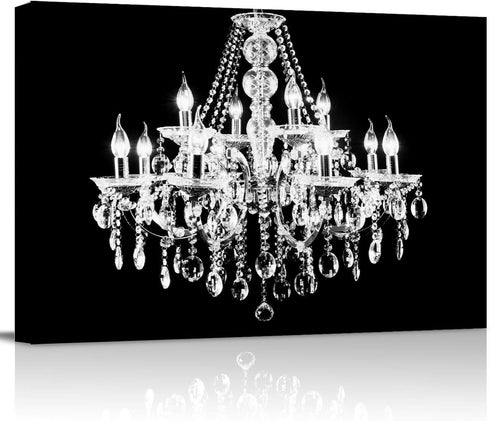 Canvas Print Wall Art - White Crystal Chandelier on Black Background - Wall Decor Modern Artwork Paintings Pictures for Living Room Stretched and ...