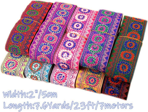 Floral Circle Jacquard Ribbon Geometric Emobridered Woven Ribbon Fabric Trim Fringe for DIY Clothing Accessories Embellishment Decorations Width 2...