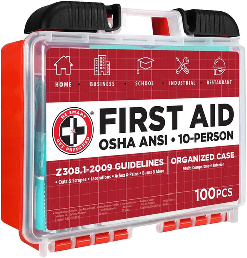 Be Smart Get Prepared OSHA/ANSI First Aid Kit - 10 Person, 100 Pieces - Designed for Home, Business, School, Industrial, and Restaurants - Compact...