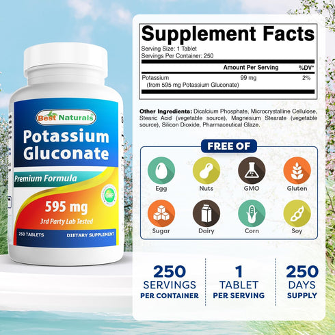 Best Naturals Potassium Gluconate Supplement 595 Mg Tablet, 250Count...