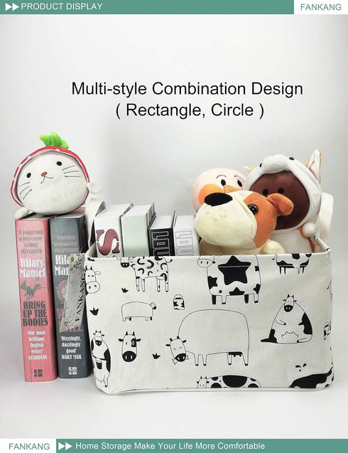 FANKANG Storage Basket,Nursery Hamper Canvas Laundry Basket Foldable with Waterproof PE Coating Storage, Office, Bedroom, Clothes,Toys(L, Rec-cows...