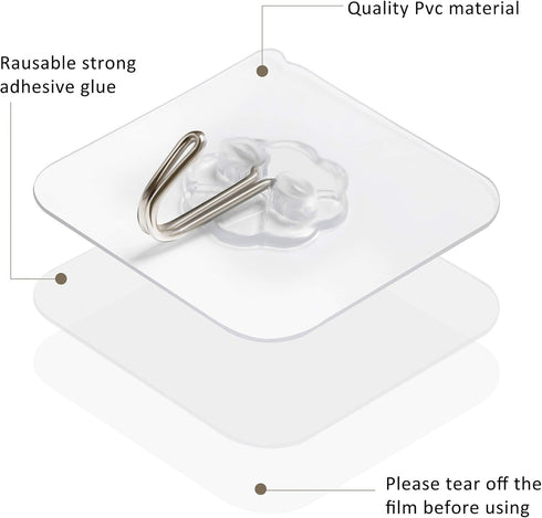 Mlici 24 Pack Clear Self-Adhesive Wall Hooks, 30lbs Heavy-Duty Sticky Hooks for Kitchen Bathroom, Without Nails Reusable Utility Hooks for Hanging...
