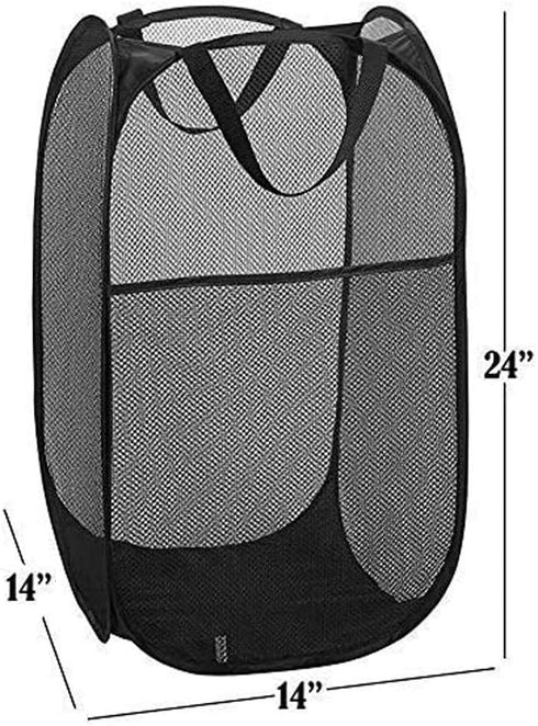 2 Packs Mesh Pop up Laundry Hamper (Black) with Portable Handles, Collapsible for Storage, Foldable Pop-Up Laundry Bags for Kids Room, College Dor...