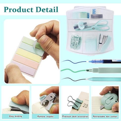 Mini Office Supply Kit, Teal Mini Stapler with Staples and Tape Dispenser Set, Mini Stationary Kit Includes Sticky Notes Index Tabs Highlighters G...